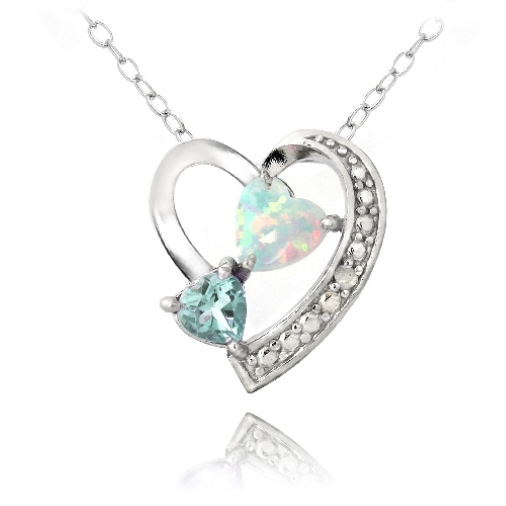 Sterling Silver Diamond Accent Blue Topaz & Created White Opal Triple Heart Necklace-3