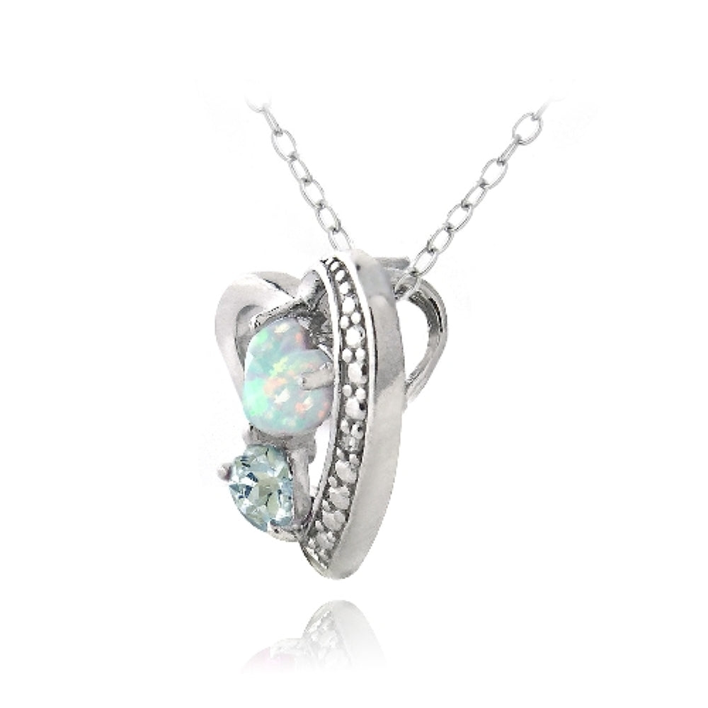 Sterling Silver Diamond Accent Blue Topaz & Created White Opal Triple Heart Necklace-5