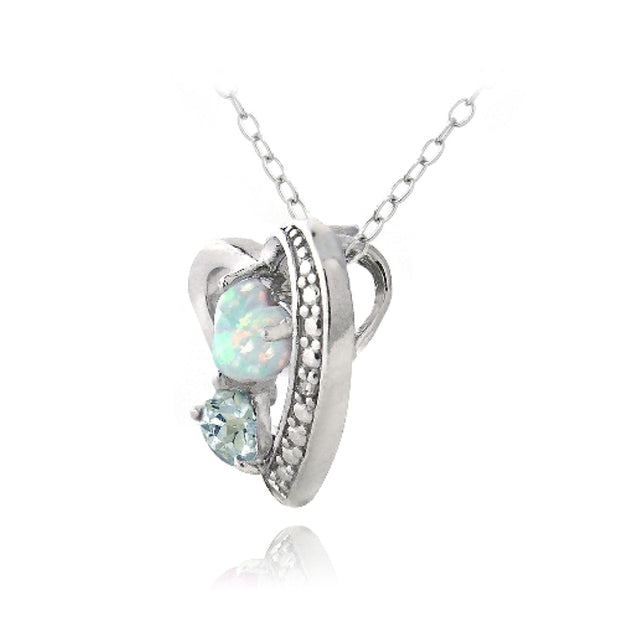 Sterling Silver Diamond Accent Blue Topaz & Created White Opal Triple Heart Necklace
