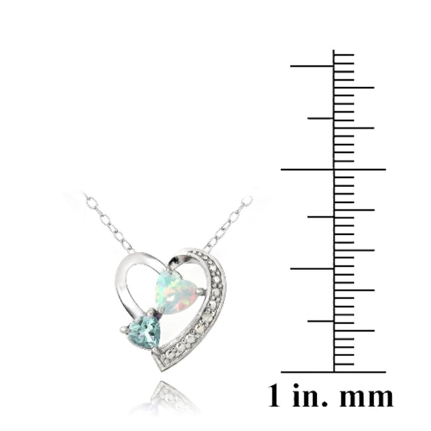 Sterling Silver Diamond Accent Blue Topaz & Created White Opal Triple Heart Necklace