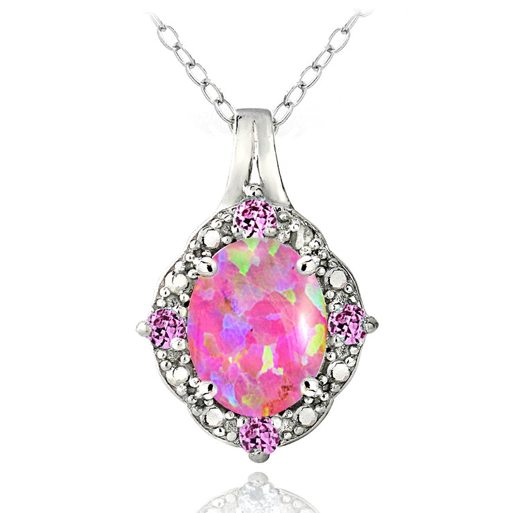 Sterling Silver Diamond Accent Created Pink Opal & Pink Sapphire Oval Necklace