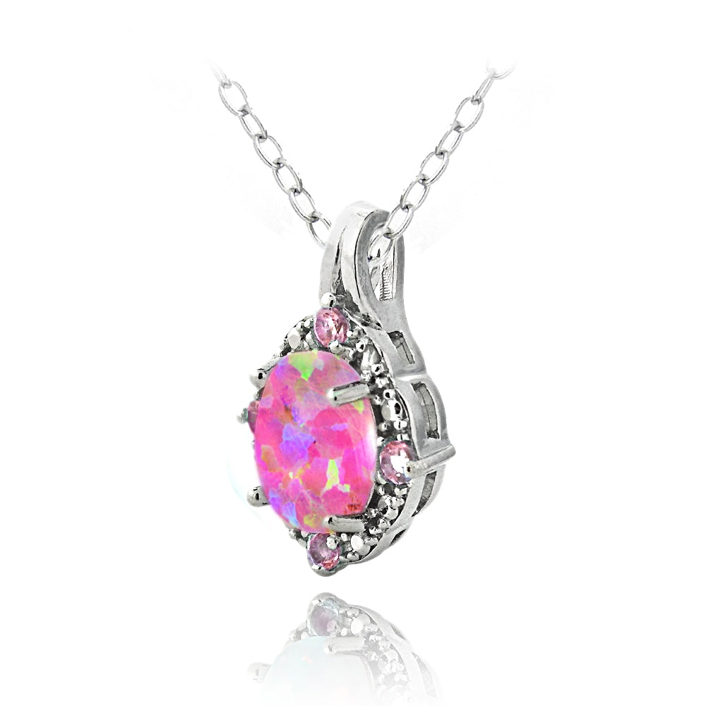 Sterling Silver Diamond Accent Created Pink Opal & Pink Sapphire Oval Necklace-2