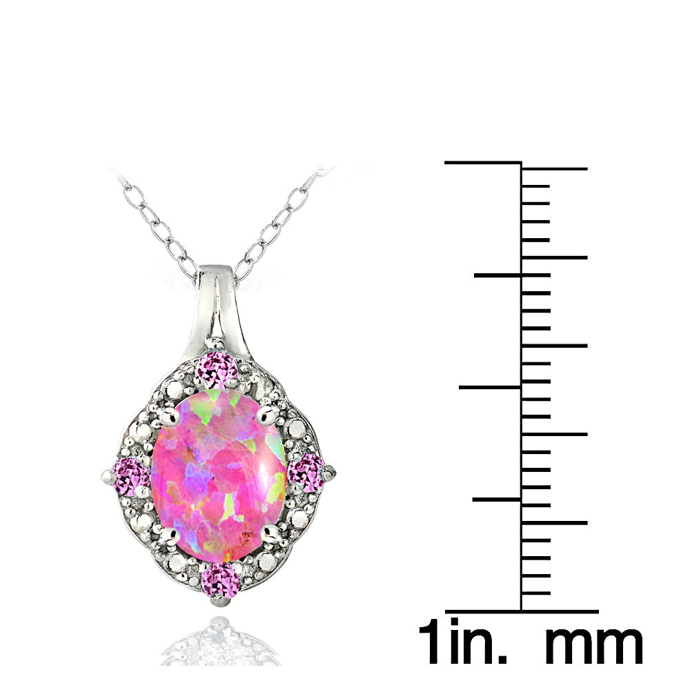 Sterling Silver Diamond Accent Created Pink Opal & Pink Sapphire Oval Necklace-3
