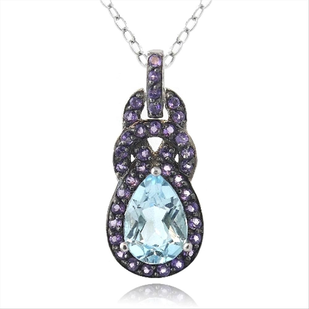 Sterling Silver Blue Topaz & Amethyst Twist Teardrop Necklace-2