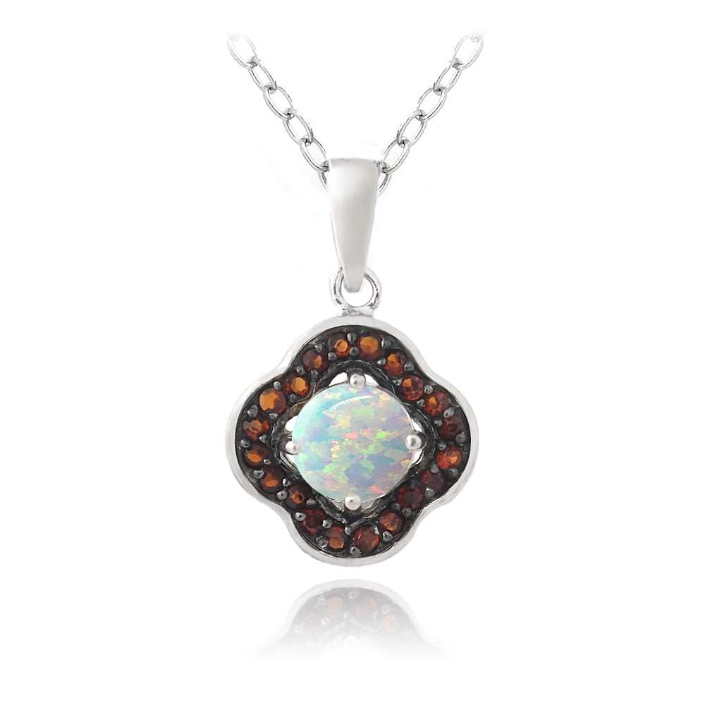 Sterling Silver Garnet & Created White Opal Flower Necklace