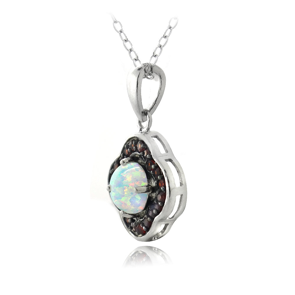 Sterling Silver Garnet & Created White Opal Flower Necklace-2