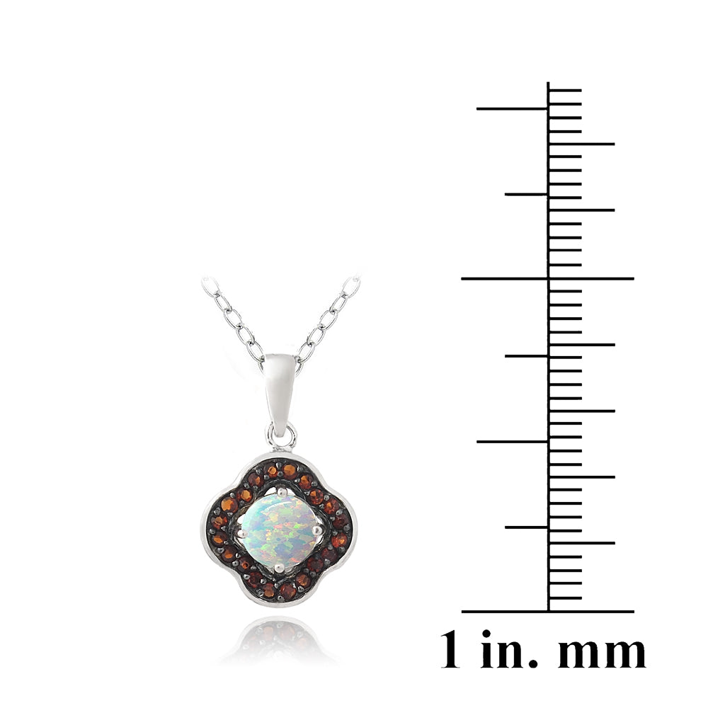 Sterling Silver Garnet & Created White Opal Flower Necklace-3