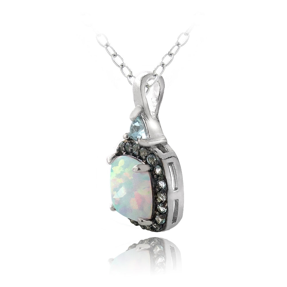 Sterling Silver Created White Opal & Blue Topaz Square Necklace-2