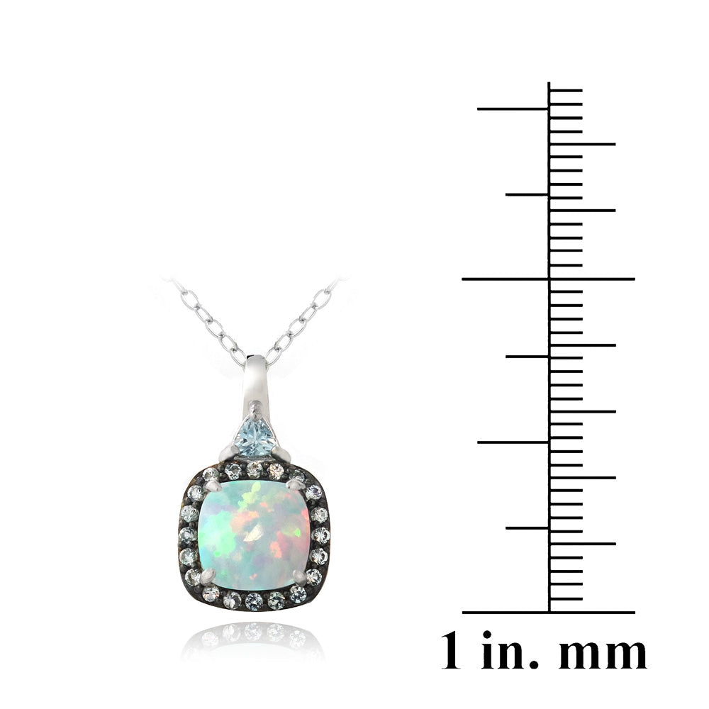 Sterling Silver Created White Opal & Blue Topaz Square Necklace-3