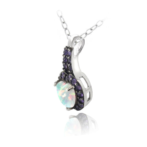 Sterling Silver Created White Opal & Amethyst Heart Drop Pendant-2