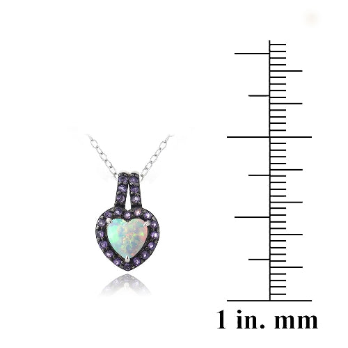 Sterling Silver Created White Opal & Amethyst Heart Drop Pendant-3