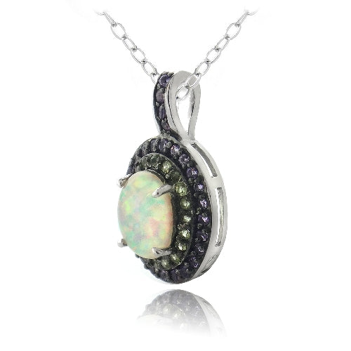 Sterling Silver Created White Opal, Amethyst & Peridot Oval Necklace-2