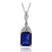 Sterling Silver Created Blue Sapphire & CZ Marquise Rectangle Necklace
