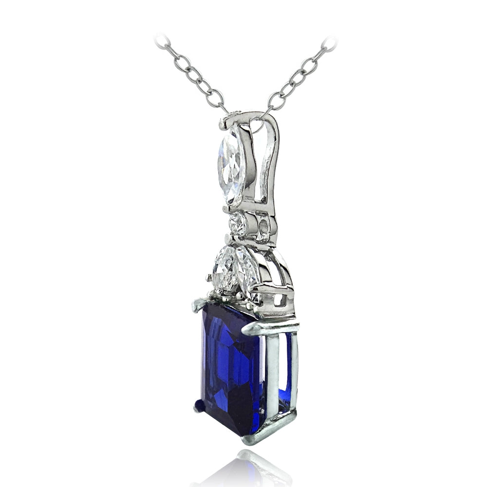 Sterling Silver Created Blue Sapphire & CZ Marquise Rectangle Necklace-2