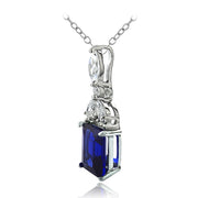 Sterling Silver Created Blue Sapphire & CZ Marquise Rectangle Necklace