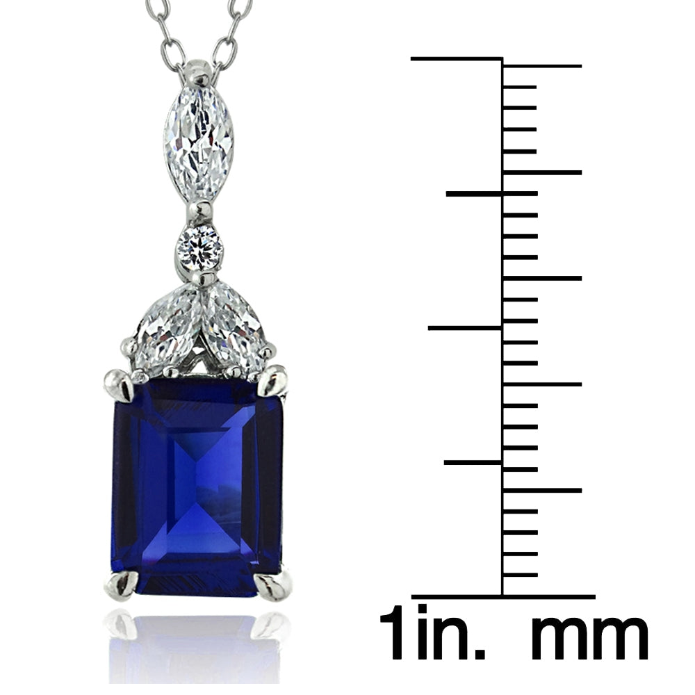 Sterling Silver Created Blue Sapphire & CZ Marquise Rectangle Necklace-3