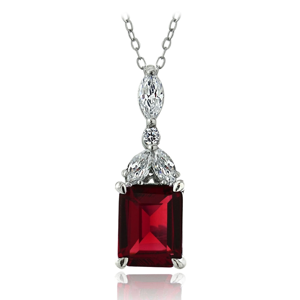 Sterling Silver Created Ruby & CZ Marquise Rectangle Necklace