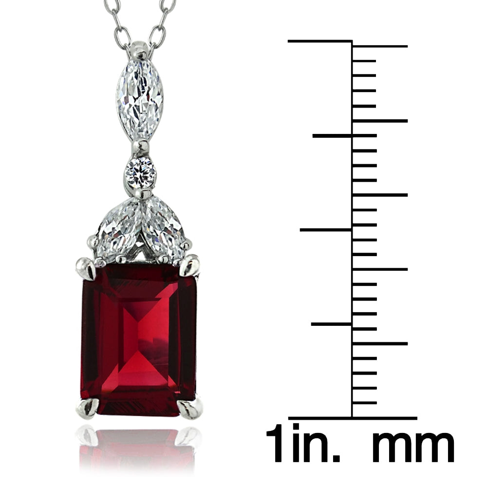 Sterling Silver Created Ruby & CZ Marquise Rectangle Necklace-3