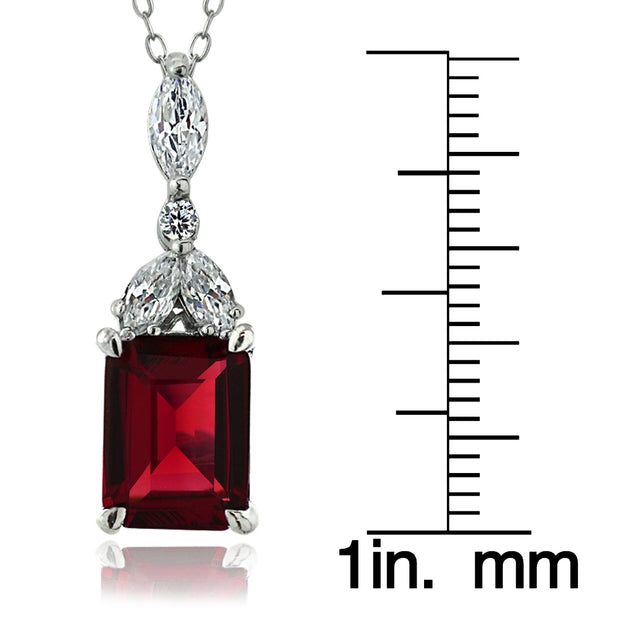 Sterling Silver Created Ruby & CZ Marquise Rectangle Necklace