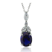 Sterling Silver Created Blue Sapphire & CZ Marquise Oval Necklace