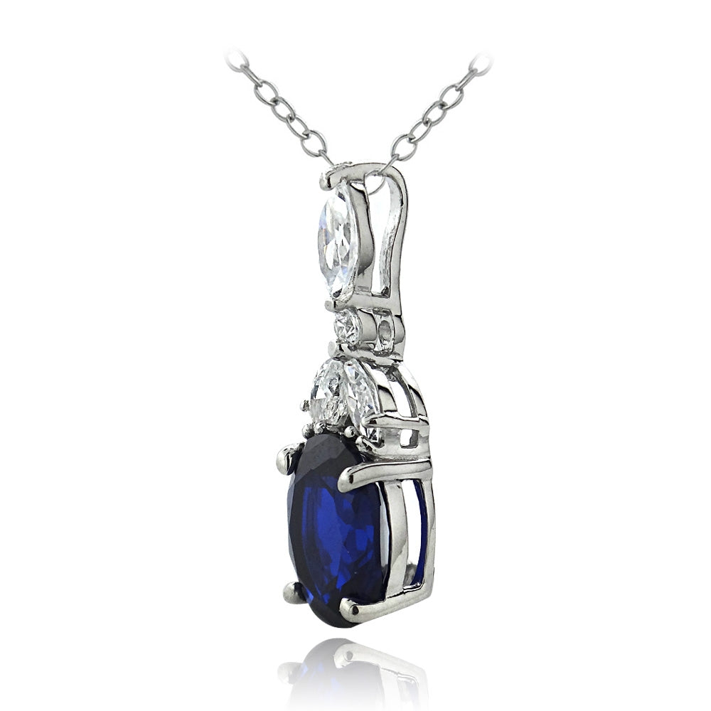 Sterling Silver Created Blue Sapphire & CZ Marquise Oval Necklace-2