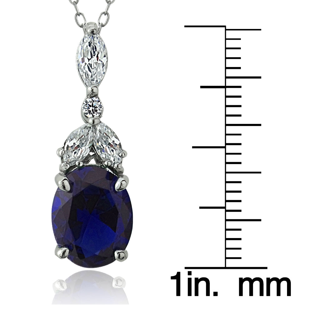 Sterling Silver Created Blue Sapphire & CZ Marquise Oval Necklace-3