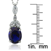 Sterling Silver Created Blue Sapphire & CZ Marquise Oval Necklace