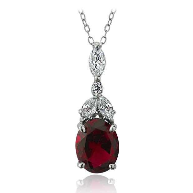 Sterling Silver Created Ruby & CZ Marquise Oval Necklace