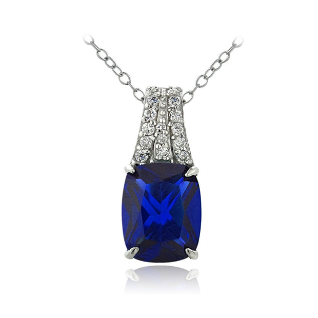 Sterling Silver Created Blue Sapphire & CZ Rectangle Necklace
