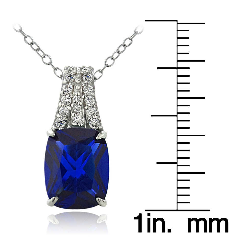 Sterling Silver Created Blue Sapphire & CZ Rectangle Necklace-3