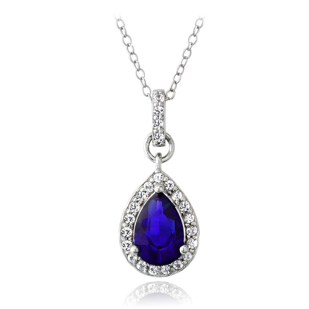 Sterling Silver Created Blue & White Sapphire Teardrop Necklace