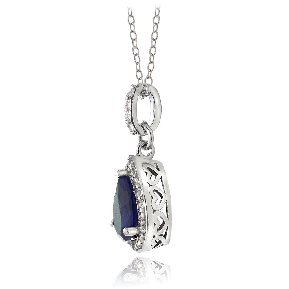Sterling Silver Created Blue & White Sapphire Teardrop Necklace-2