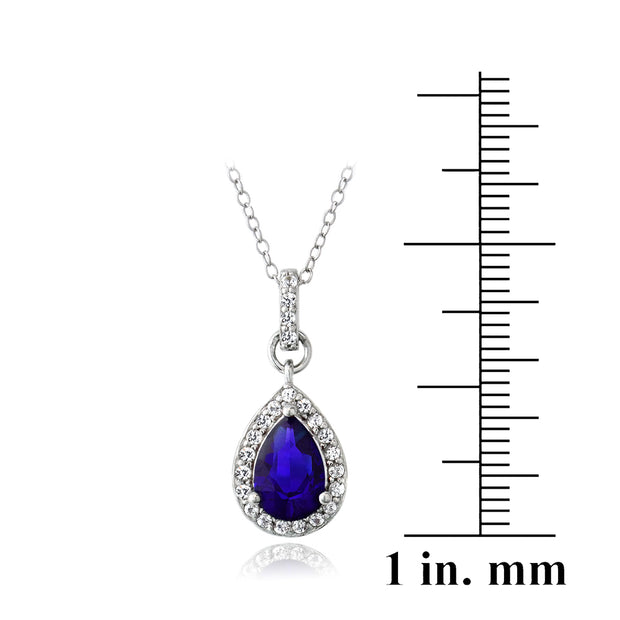 Sterling Silver Created Blue & White Sapphire Teardrop Necklace