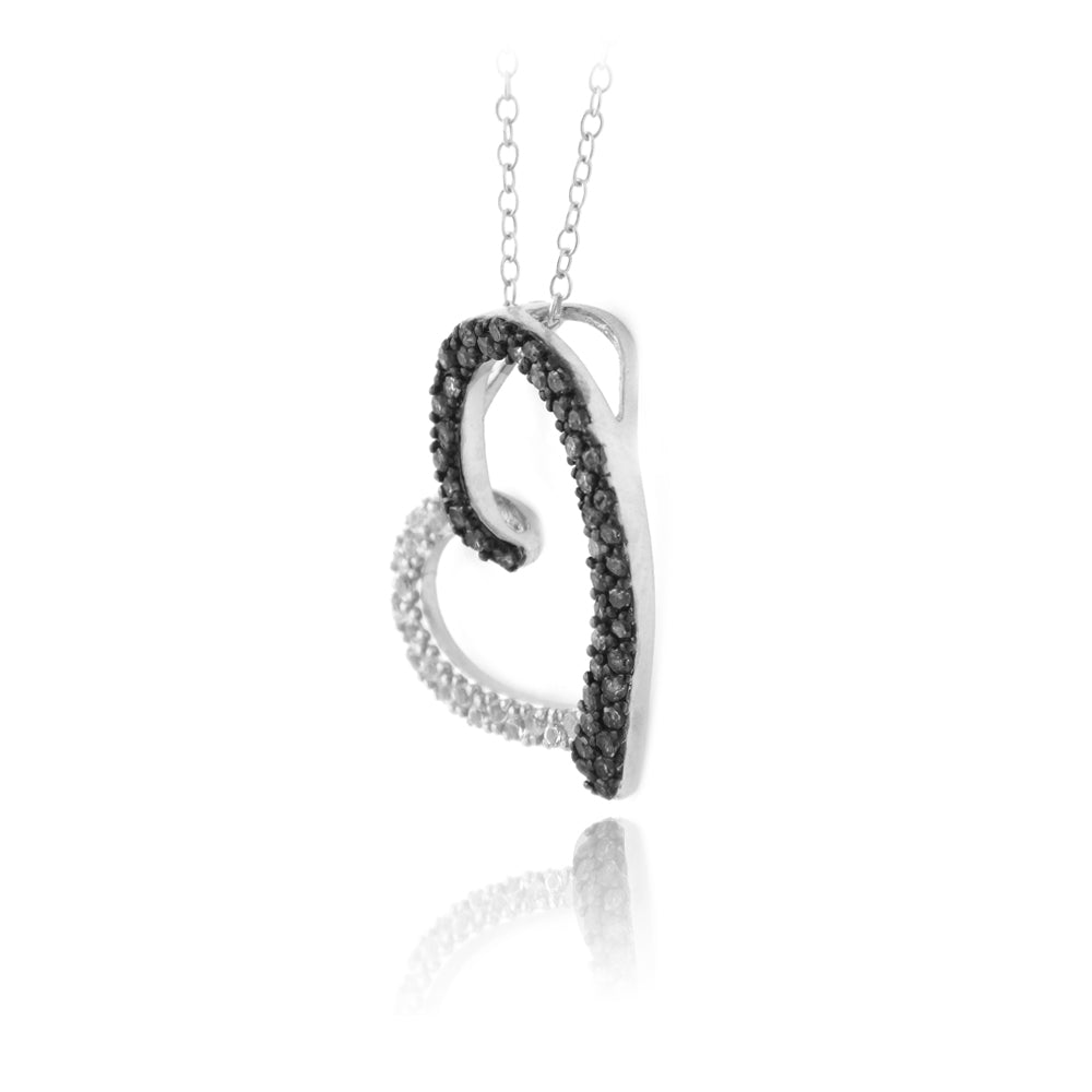 Sterling Silver 2/5ct Black Diamond & White Topaz Open Floating Heart Necklace-2