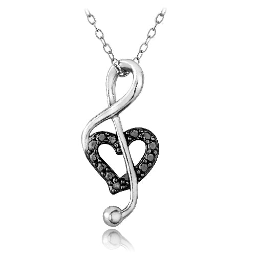 Sterling Silver Black Diamond Accent Music Note Heart Necklace