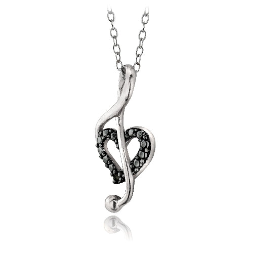 Sterling Silver Black Diamond Accent Music Note Heart Necklace