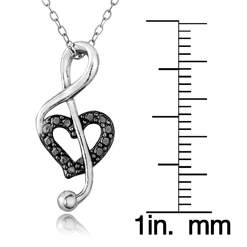 Sterling Silver Black Diamond Accent Music Note Heart Necklace
