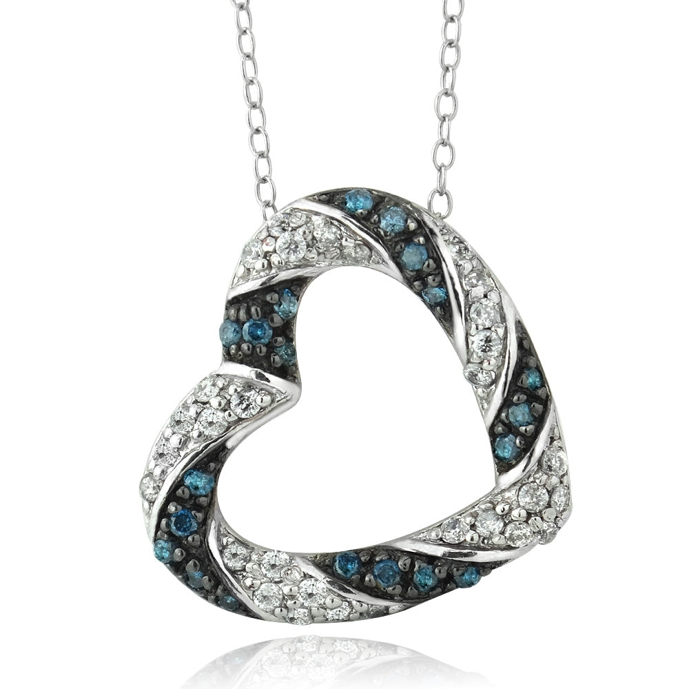 Sterling Silver 1/2 ct Blue & White Diamond Open Heart Necklace