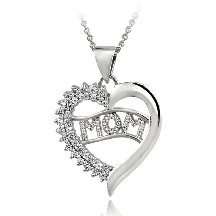 Sterling Silver CZ MOM Heart Necklace