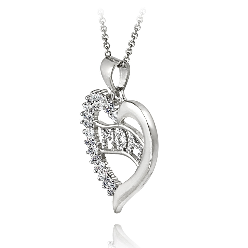 Sterling Silver CZ MOM Heart Necklace-2