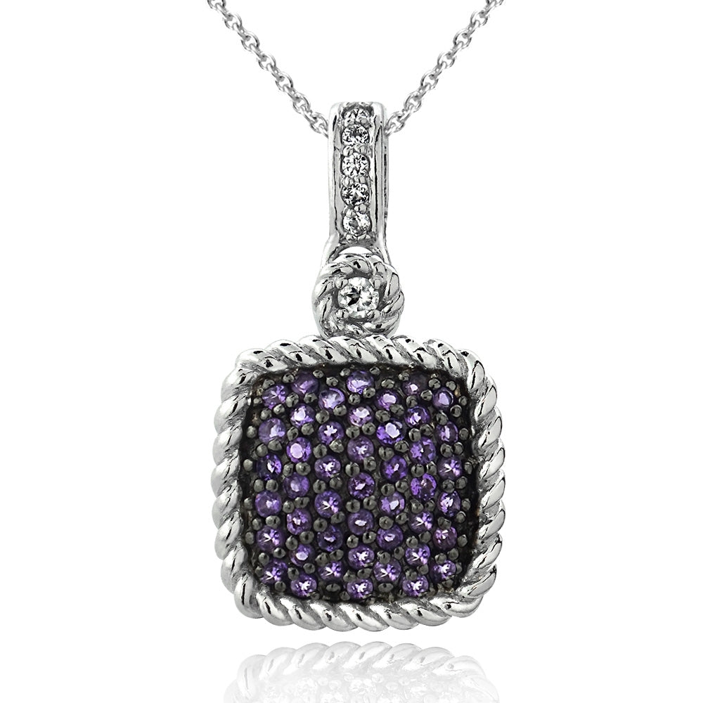 Sterling Silver 1ct Amethyst & White Topaz Square Rope Pendant Necklace