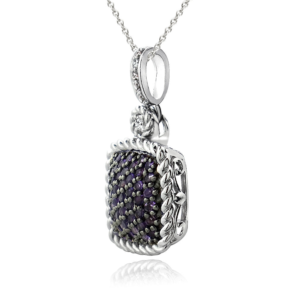 Sterling Silver 1ct Amethyst & White Topaz Square Rope Pendant Necklace-2
