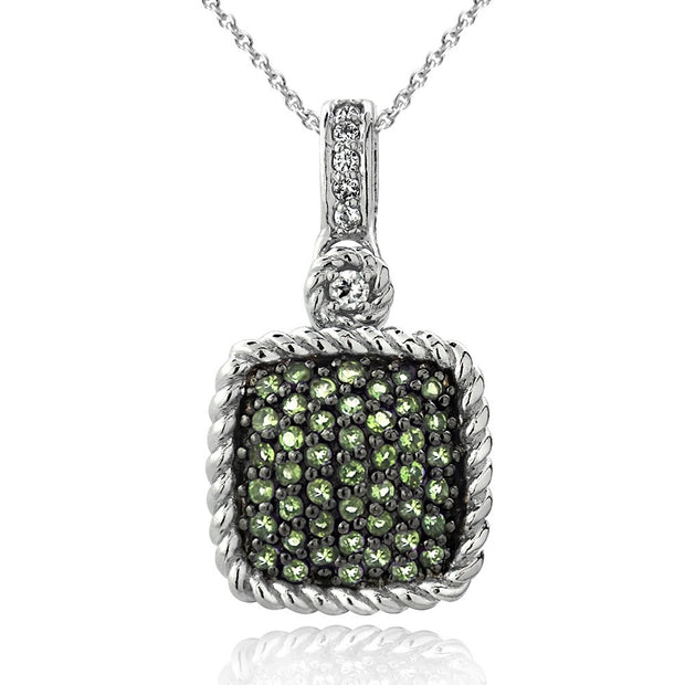 Sterling Silver 1ct Peridot & White Topaz Square Rope Pendant Necklace