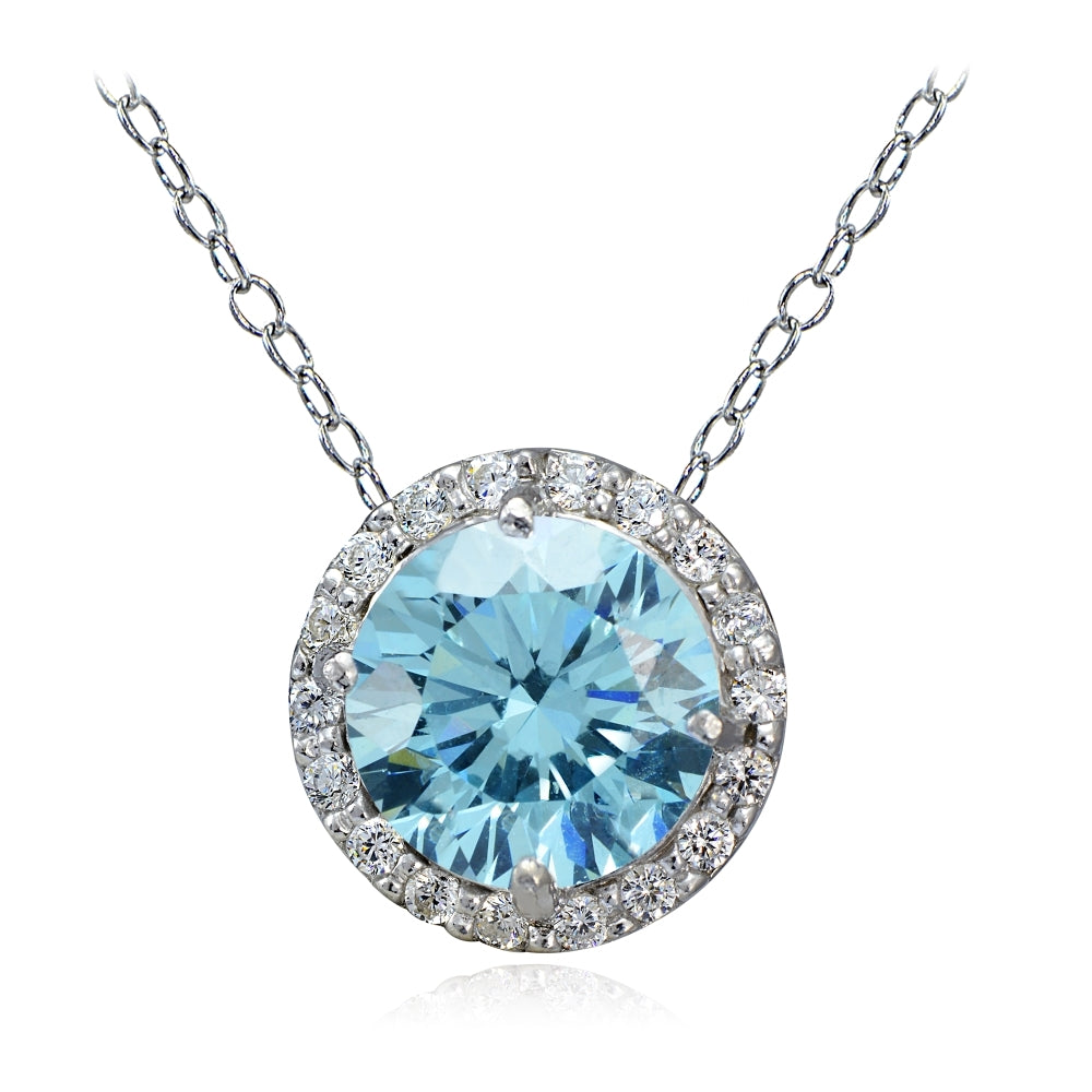 Platinum Plated Sterling Silver 100 Facets Light Blue Cubic Zirconia Halo Necklace (2cttw)