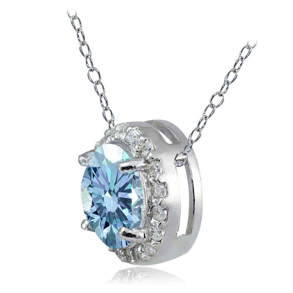 Platinum Plated Sterling Silver 100 Facets Light Blue Cubic Zirconia Halo Necklace (2cttw)-2