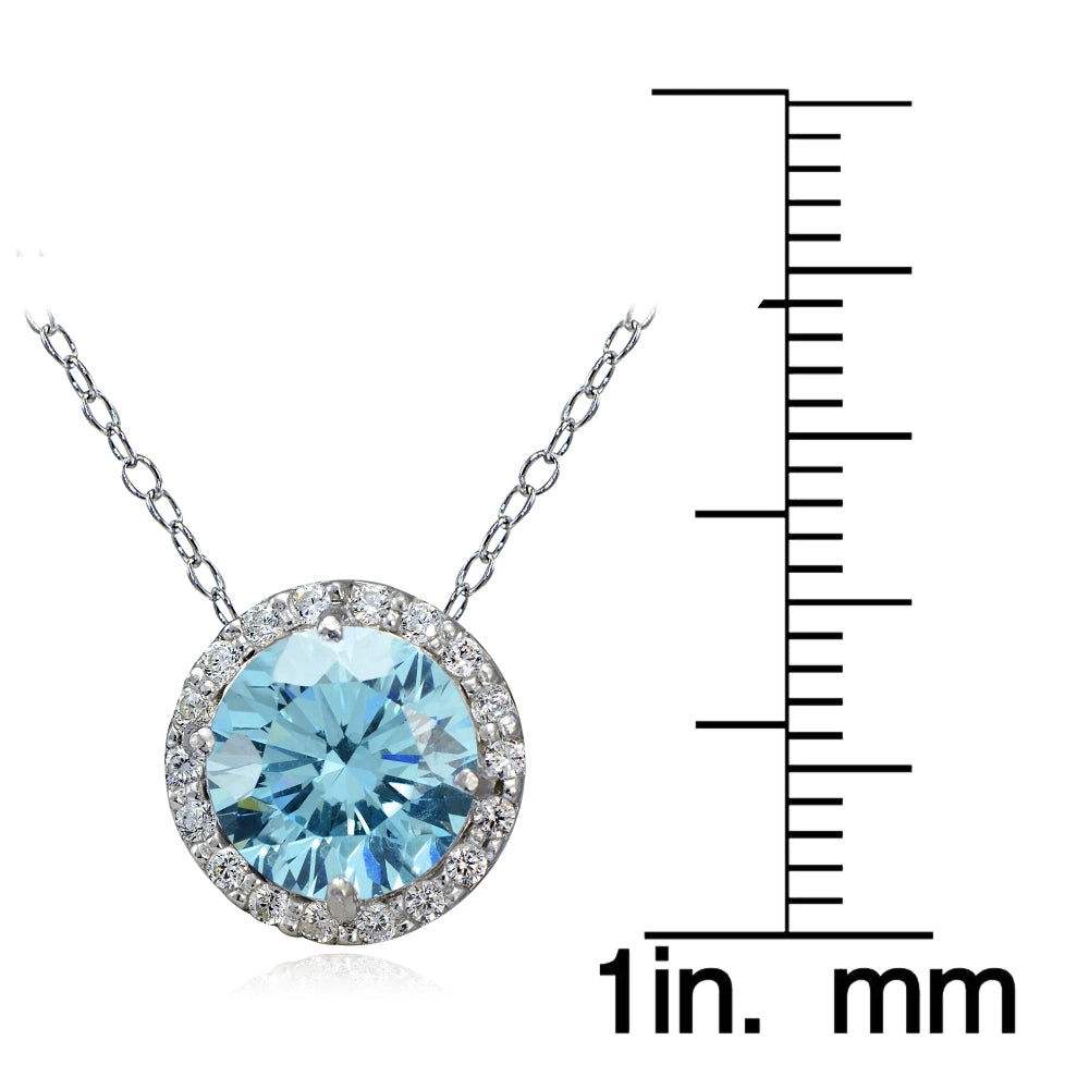 Platinum Plated Sterling Silver 100 Facets Light Blue Cubic Zirconia Halo Necklace (2cttw)-3