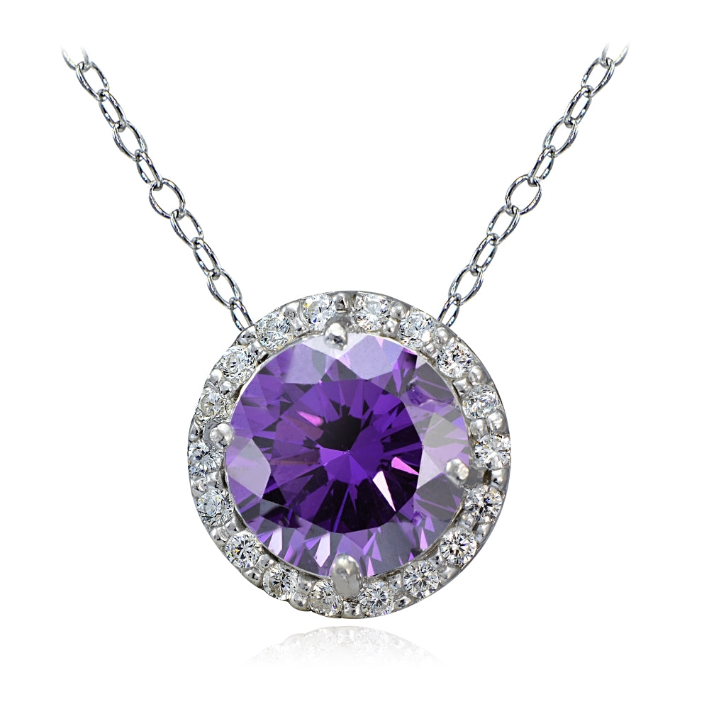 Platinum Plated Sterling Silver 100 Facets Purple Cubic Zirconia Halo Necklace (2cttw)