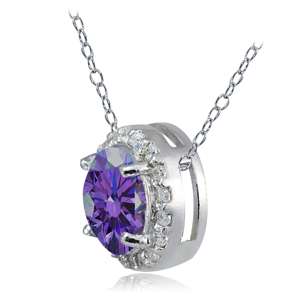 Platinum Plated Sterling Silver 100 Facets Purple Cubic Zirconia Halo Necklace (2cttw)-2