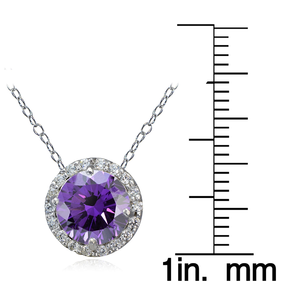 Platinum Plated Sterling Silver 100 Facets Purple Cubic Zirconia Halo Necklace (2cttw)-3