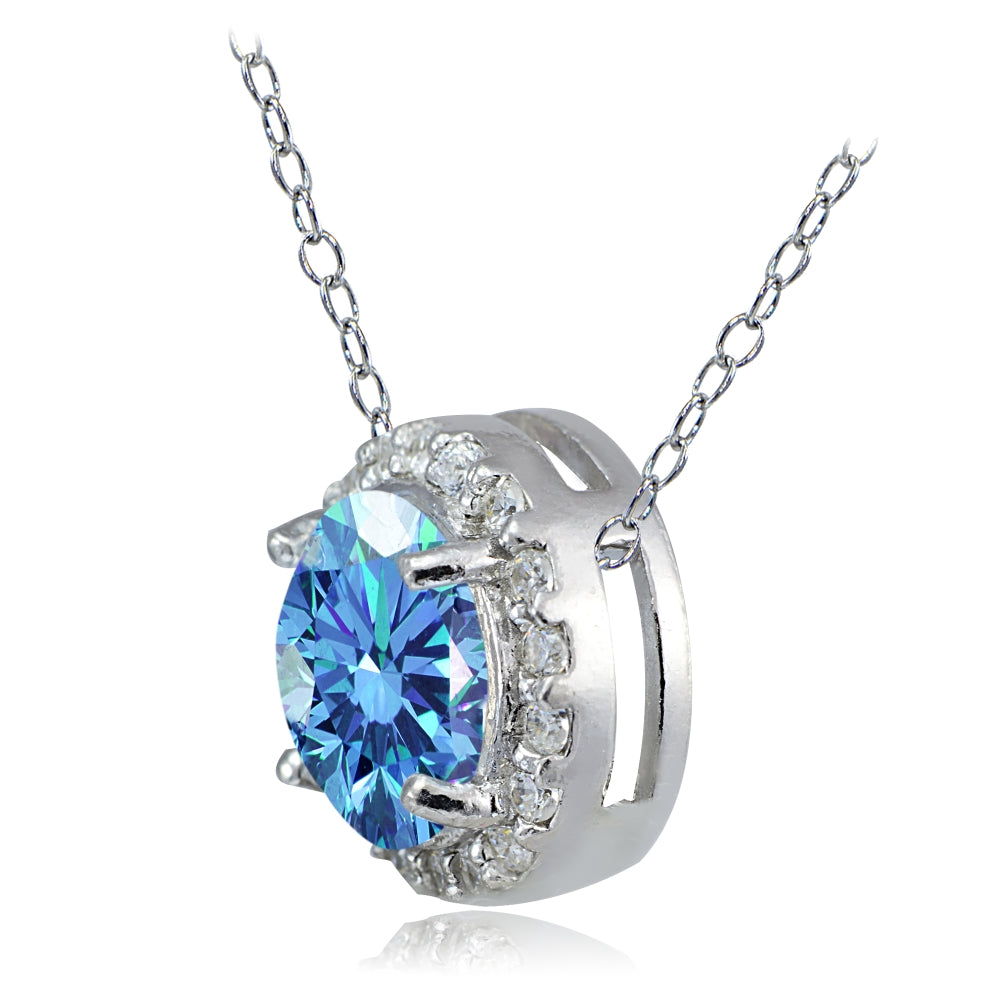 Platinum Plated Sterling Silver 100 Facets Blue Cubic Zirconia Halo Necklace (2cttw)-2